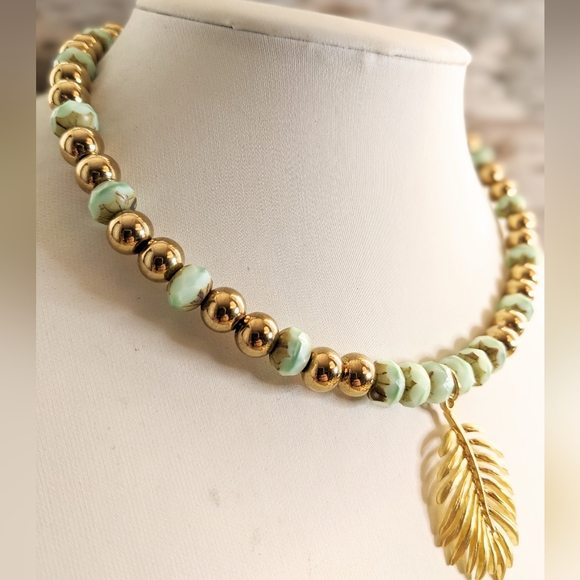 Green Spearmint Glass and Gold Ball Beads in Statement Gold Plated Necklace - Picture 4 of 10